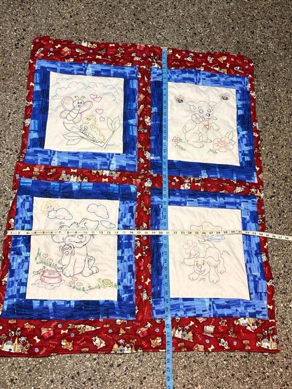NEW VTG Handmade BABY QUILT Embroidered BLOCKS Panels animals BLANKET 45x35